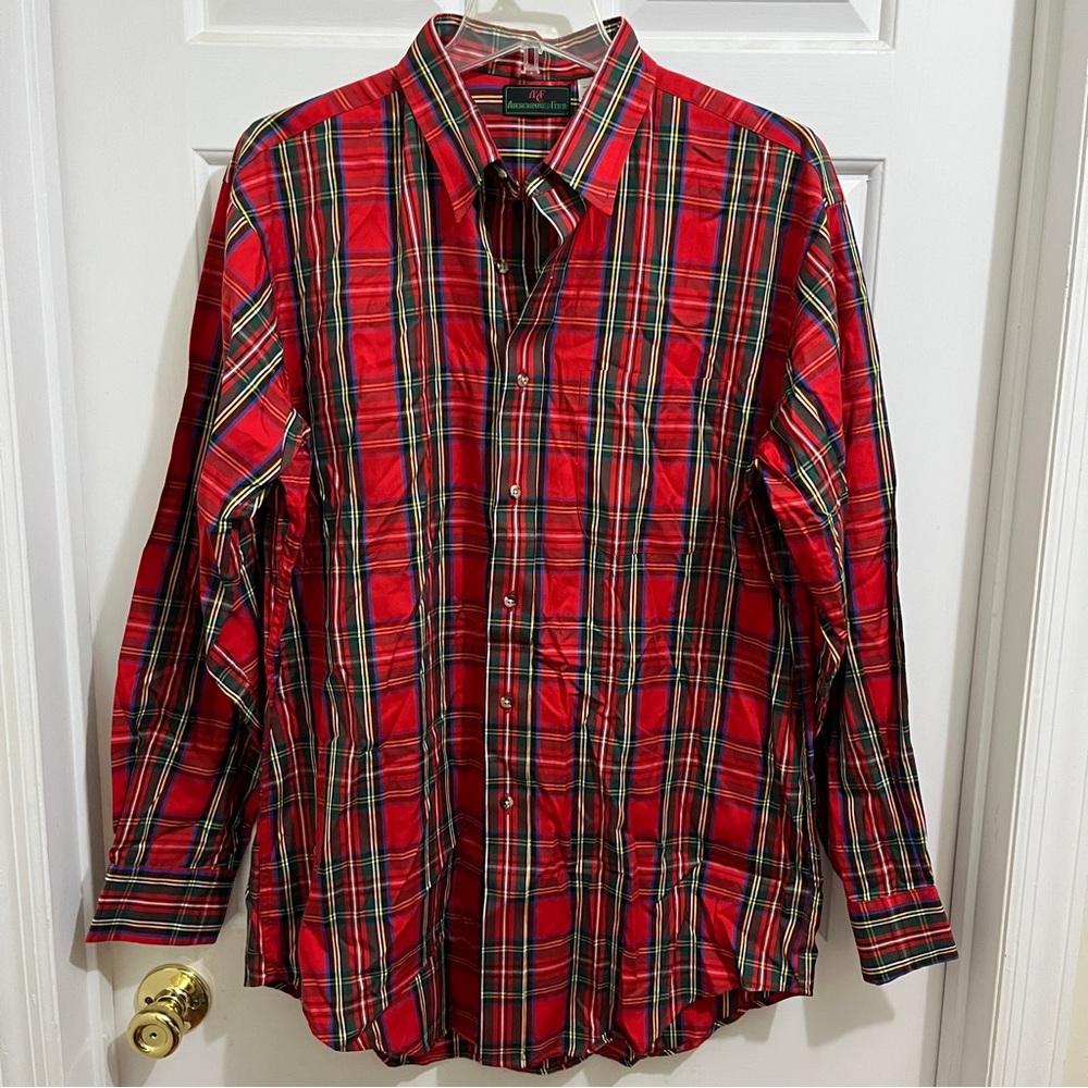 New ABERCROMBIE & FITCH RED PLAID BUTTON DOWN Vintage size Men Large long sleeve